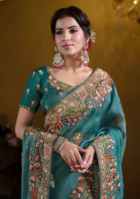 Teal blue rich indian heavy work wedding wear glamorous saree 3