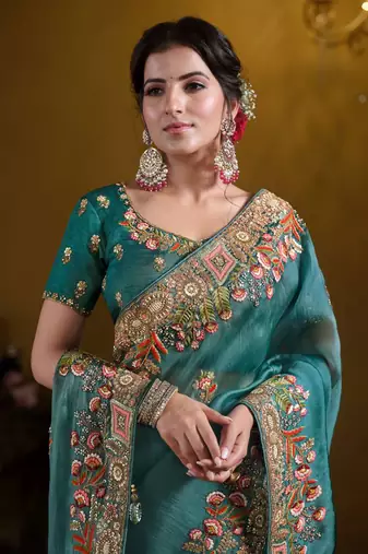 Teal blue rich indian heavy work wedding wear glamorous saree