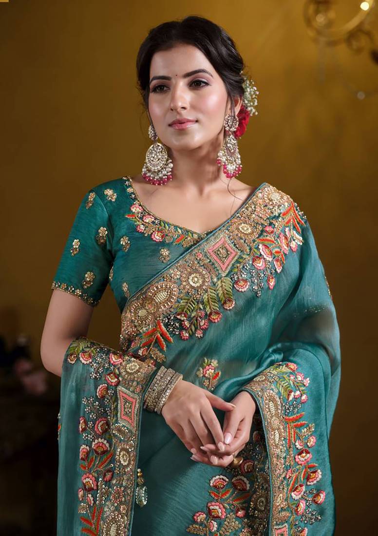 Teal blue rich indian heavy work wedding wear glamorous saree