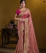 Peach rich indian heavy work wedding wear glamorous saree