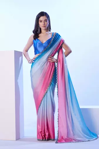Blue chinon c solid designer bollywood party saree