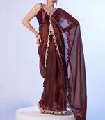 Coffee brown satin c solid designer bollywood party saree