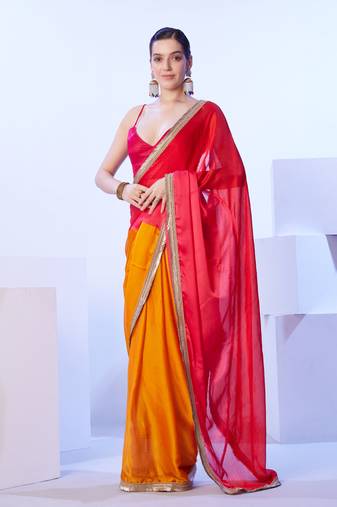 Red satin moss c solid designer bollywood party saree