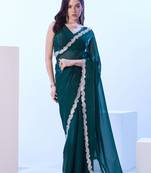 Teal blue glamorous satin jimmy choo c stylish girlie ceremonial saree