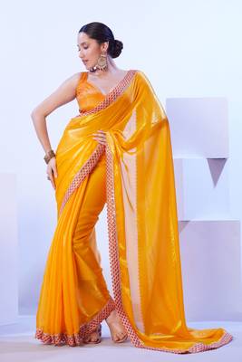 Yellow glamorous satin jimmy choo c stylish girlie ceremonial saree 1