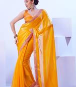 Yellow glamorous satin jimmy choo c stylish girlie ceremonial saree