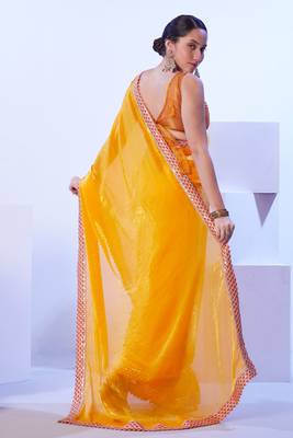 Yellow glamorous satin jimmy choo c stylish girlie ceremonial saree 2