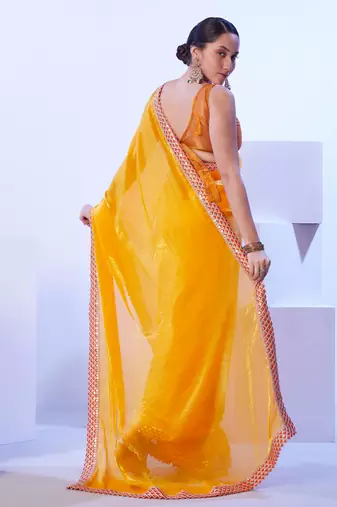 Yellow glamorous satin jimmy choo c stylish girlie ceremonial saree