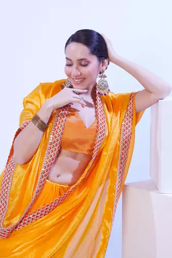 Yellow glamorous satin jimmy choo c stylish girlie ceremonial saree