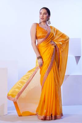 Yellow glamorous satin jimmy choo c stylish girlie ceremonial saree 4