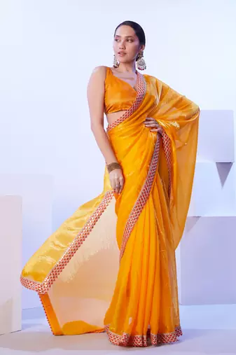 Yellow glamorous satin jimmy choo c stylish girlie ceremonial saree