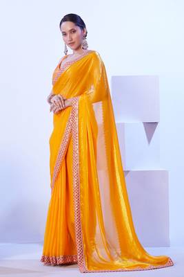 Yellow glamorous satin jimmy choo c stylish girlie ceremonial saree 5