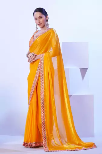 Yellow glamorous satin jimmy choo c stylish girlie ceremonial saree