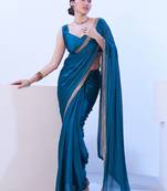 Firozi glamorous satin chiffon c stylish girlie ceremonial saree