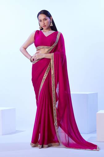 Pink glamorous satin chiffon c stylish girlie ceremonial saree