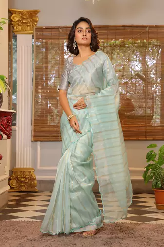 Sea green organza c partywear sequins work arco cut work saree