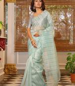 Sea green organza c partywear sequins work arco cut work saree