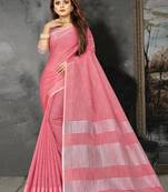 Pink linen c woven designer partywear saree