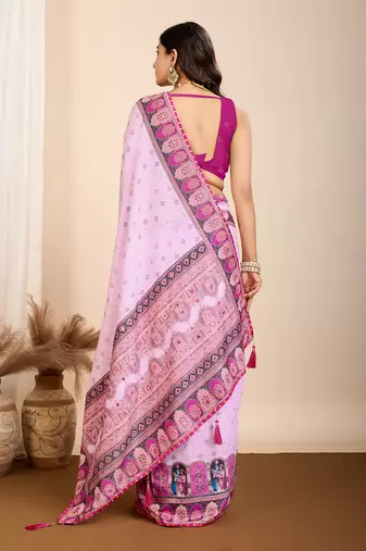 Purple muslin cotton digital printed ethnic ceremonial saree