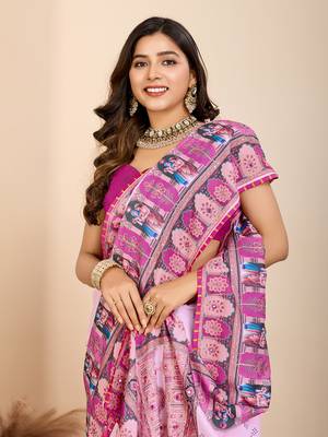 Purple muslin cotton digital printed ethnic ceremonial saree 3