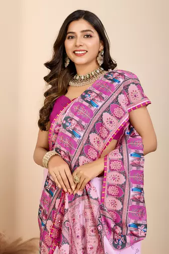 Purple muslin cotton digital printed ethnic ceremonial saree