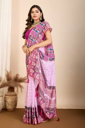 Purple muslin cotton digital printed ethnic ceremonial saree