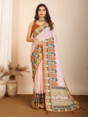 Orange muslin cotton digital printed ethnic ceremonial saree 1