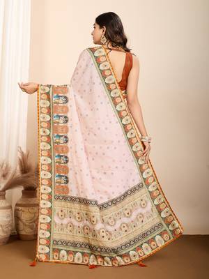 Orange muslin cotton digital printed ethnic ceremonial saree 2