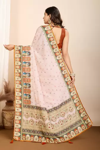 Orange muslin cotton digital printed ethnic ceremonial saree