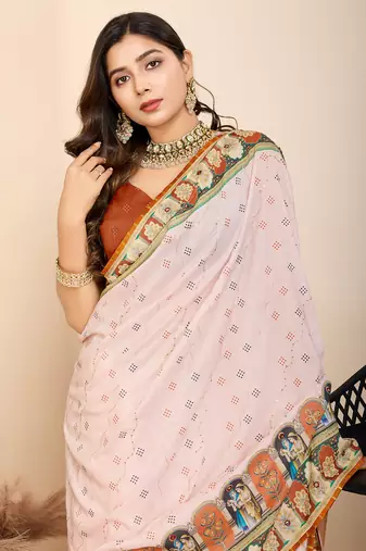 Orange muslin cotton digital printed ethnic ceremonial saree