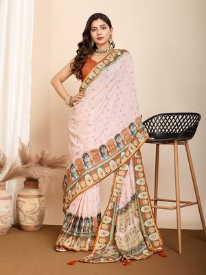 Orange muslin cotton digital printed ethnic ceremonial saree 5