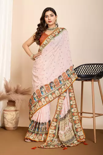 Orange muslin cotton digital printed ethnic ceremonial saree