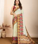 Yellow muslin cotton designer digital printed ethnic ceremonial saree