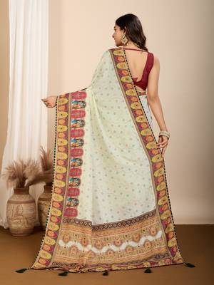 Yellow muslin cotton digital printed ethnic ceremonial saree 2