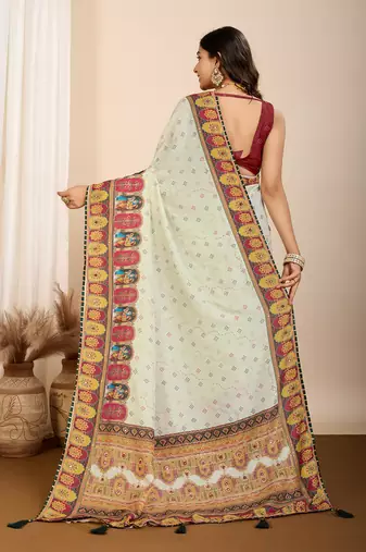 Yellow muslin cotton digital printed ethnic ceremonial saree
