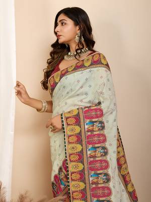 Yellow muslin cotton digital printed ethnic ceremonial saree 3