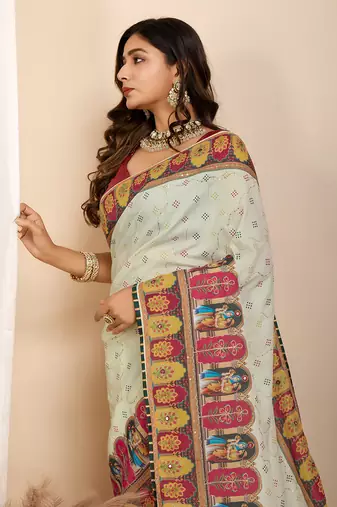 Yellow muslin cotton digital printed ethnic ceremonial saree