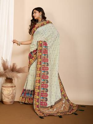 Yellow muslin cotton digital printed ethnic ceremonial saree 5