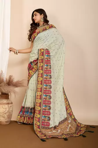 Yellow muslin cotton digital printed ethnic ceremonial saree