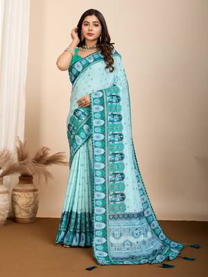 Cyan muslin cotton digital printed ethnic ceremonial saree 1