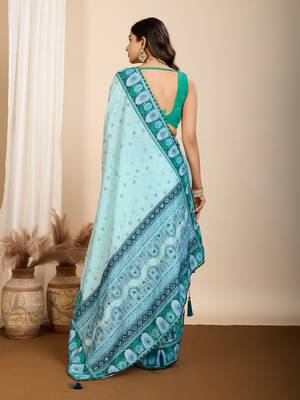 Cyan muslin cotton digital printed ethnic ceremonial saree 2