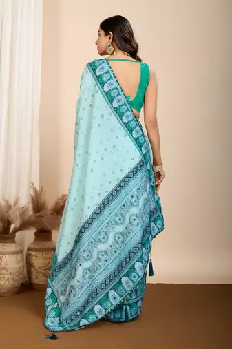 Cyan muslin cotton digital printed ethnic ceremonial saree