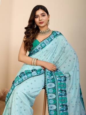 Cyan muslin cotton digital printed ethnic ceremonial saree 3