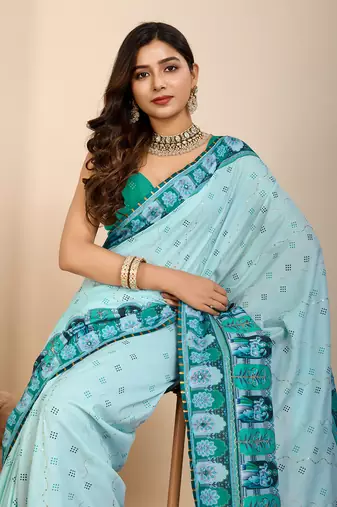 Cyan muslin cotton digital printed ethnic ceremonial saree