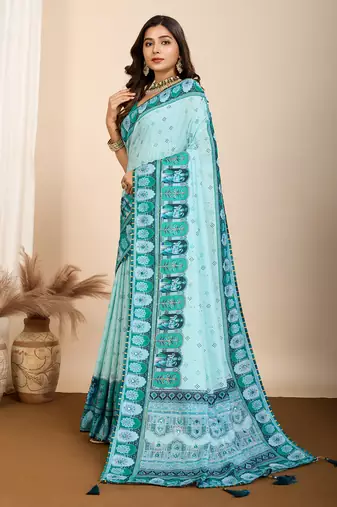 Cyan muslin cotton digital printed ethnic ceremonial saree