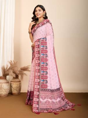 Pink muslin cotton digital printed ethnic ceremonial saree 1