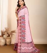 Pink muslin cotton designer digital printed ethnic ceremonial saree