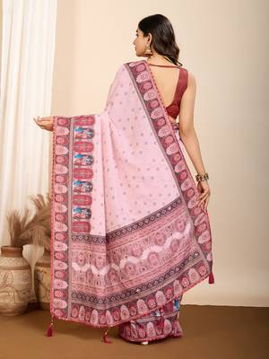 Pink muslin cotton digital printed ethnic ceremonial saree 2