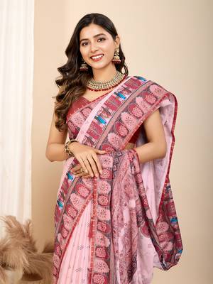 Pink muslin cotton digital printed ethnic ceremonial saree 3