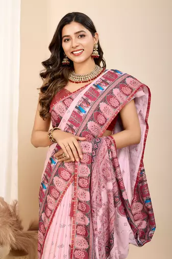 Pink muslin cotton digital printed ethnic ceremonial saree